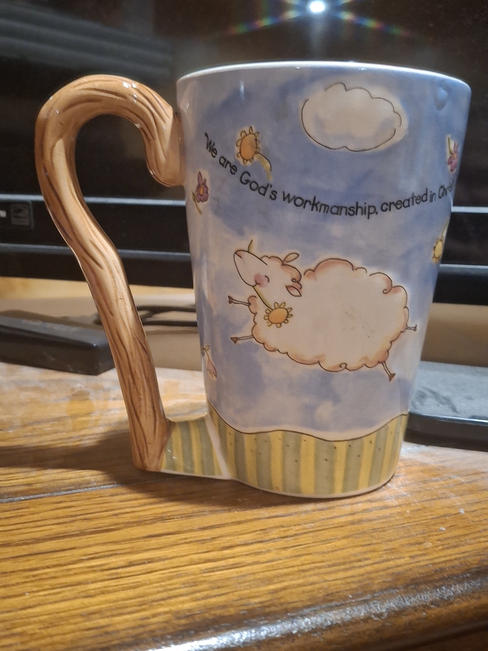 Whimsical Sheep Ceramic Mug in Light Blue and Cream With Scripture